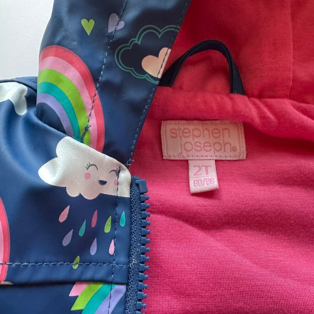 Stephen Joseph Blue Pink Rainbow Hooded Zip Raincoat Toddler sz 2T - Picture 4 of 6